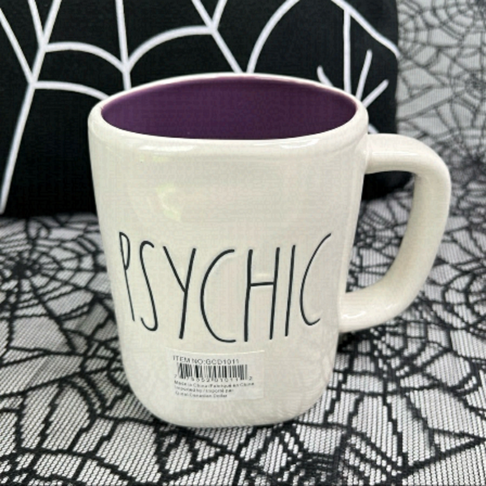 NEW Rae Dunn “PSYCHIC” Haunted Purple Lined White Ceramic Halloween Coffee Mug